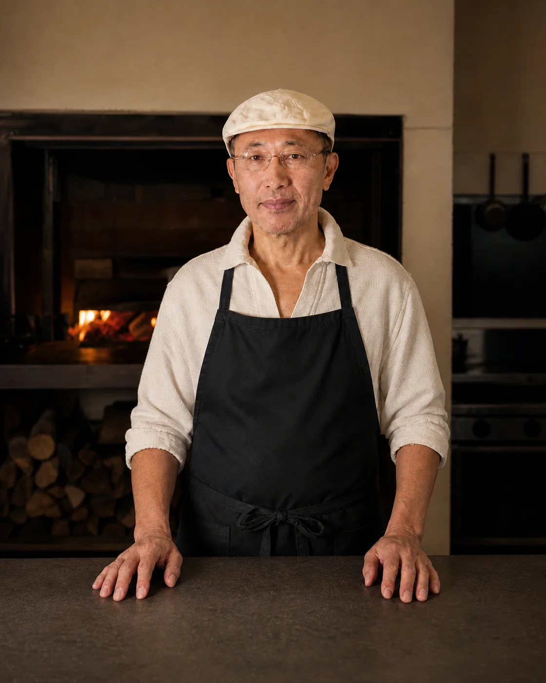 薪窯の前に立つオーナーシェフ 山下 浩司