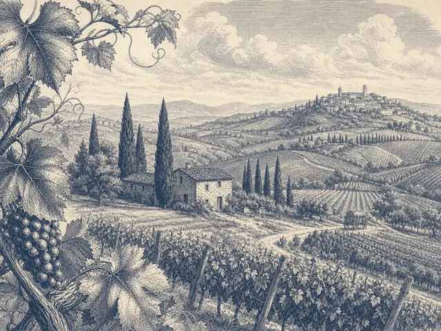 イタリアの葡萄畑と丘の町を描いた古い版画風の風景